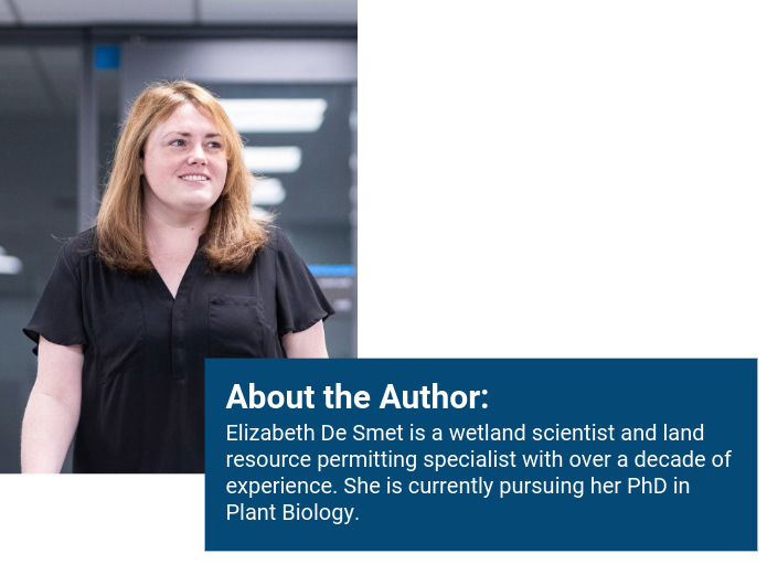 Elizabeth De Smet is a wetland scientist and land resource permitting specialist with over a decade of experience. She is currently pursuing her PhD in Plant Biology.