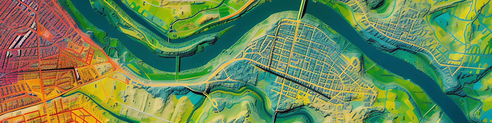 GIS 3D digital elevation model of a huge urban area of a city with roads and junctions between dense blocks