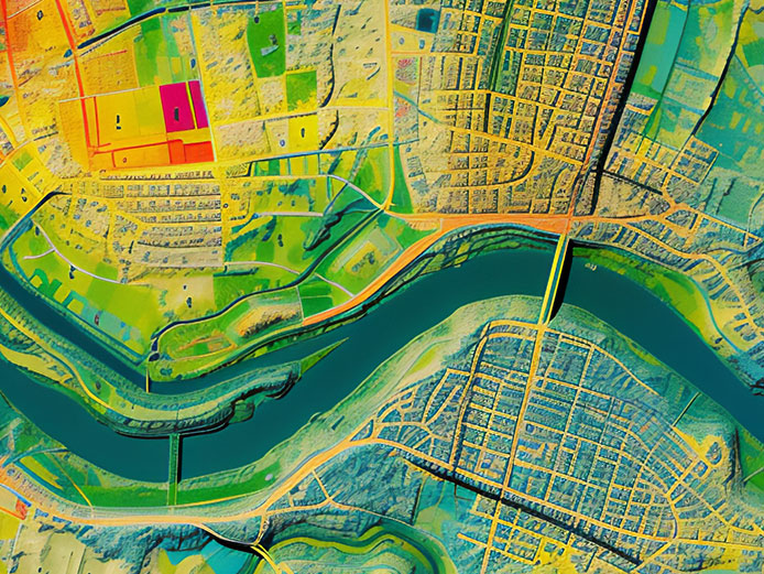 GIS 3D digital elevation model of a huge urban area of a city with roads and junctions between dense blocks